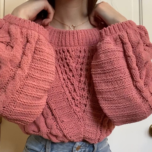 Pink Knit Balloon Sleeve Sweater - Picture 2 of 3